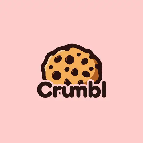 An illustrated chocolate chip cookie above rounded dark Crumbl lettering on a pale pink background.