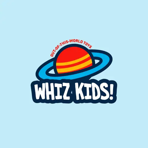 A striped orange and yellow planet with blue rings above bold white Whiz Kids lettering on a light blue background.