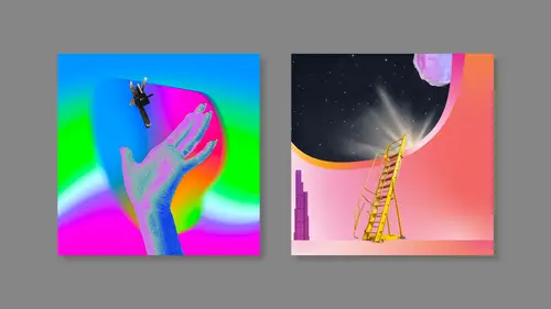 Two surreal compositions: a colorful curved form with a small figure, and a yellow ladder beneath a circular opening onto a starry sky.