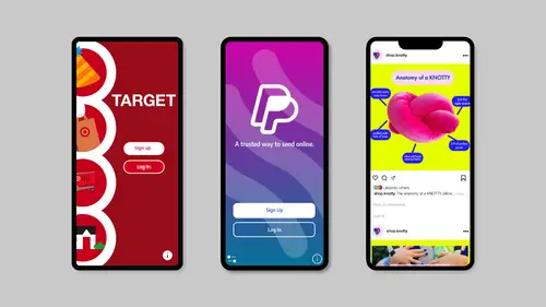 Three smartphone mockups showing red and purple sign-in screens beside a colorful art-themed social feed.